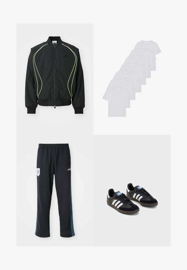 Corta-vento preto com detalhes em verde neon, punhos e colarinho canelados. Possui fecho éclair na frente e bolso lateral com fecho. Feito de material leve.; T-shirts brancos de algodão, mangas curtas, design de gola redonda, com textura lisa, empilhados em fila, com uma marcação subtil na gola.; Calças de atletismo em poliéster preto com cintura elástica, apresentando um detalhe lateral em riscas azuis e um logótipo no quadril esquerdo.; Sneakers pretos com parte superior em camurça e sintético, apresentando três riscas brancas, sola de borracha texturizada e etiqueta azul no linguete.