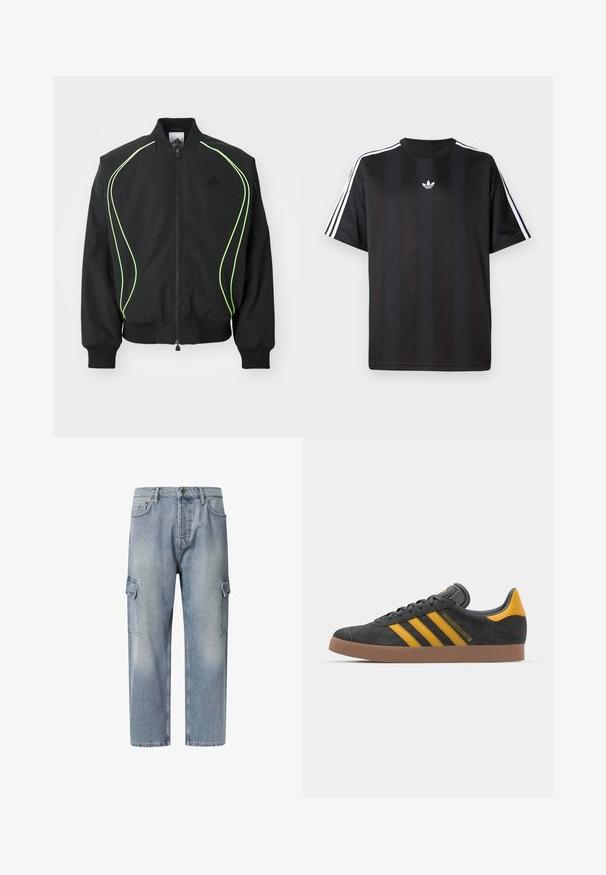 Mustmust must kaaluvate neoonroheliste detailidega, ribatatud mansettide ja kraega. Omab lukuga esiosa ja külgmist lukuga taskut. Valmistatud kergest materjalist.; Must t-särk lühikeste varrukatega musta värviga, millel on valged kolmerealised detailid õlgadel ja väike valge logo rinnal. Sile kangas.; Heledad sinine teksariidest cargo-püksid, millel on lahti istuv lõige, põlvekõrgune lõik, kaks külgtaskut ja nööbilukustus. Ühtlane pleekinud tekstuur üle kogu pükste.; Mustad sametist spordijalatsid kollaste aktsentidega, millel on kolm triipu ja pruun kummitald. Mugavuse tagamiseks on neil pehmendatud keele osa.