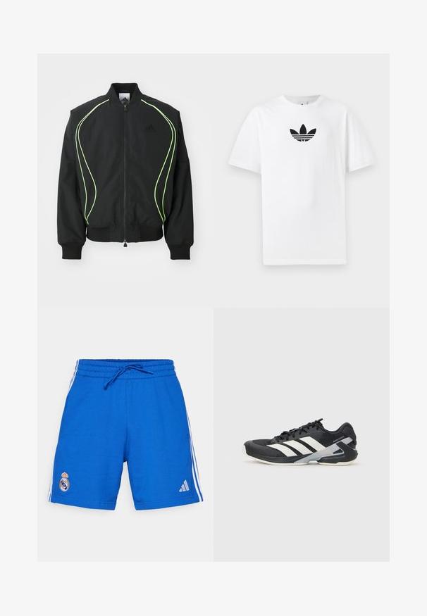 Juodas bomber stilius džemperis su neoninės žalios spalvos apvadu, suribotais rankogaliais ir apykakle. Yra užtrauktukas priekyje ir šoninė kišenė su užtrauktuku. Pagamintas iš lengvos medžiagos.; Baltas medvilnės marškinėliai su juodu Adidas logo centre. Trumpomis rankovėmis ir apvalia kaklo iškirpte. Lygus audinys.; adidas Performance REAL MADRID DNAWAY SHORTS - Sporto klubų atributika - collegiate royal; Juoda sportinė avalynė su baltais dryžiais, tinklinis viršus, apvalus pirštas ir paminkštinta padais. Yra tekstūruota kulno dalis ir saugi raištelių sistema.