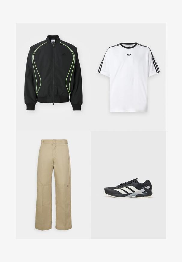 Svart bomberjacka med neongrön kant, ribbade ärmslut och krage. Har dragkedja fram och sidofickor med dragkedja. Tillverkad av lättviktig material.; Vit T-shirt i bomull, med svart rund halsringning och tre svarta ränder på varje axel. Litet svart logotyp på bröstet.; Beiga vida byxor gjorda av hållbart tyg, med hög midja, synlig sömnad och en liten logotyp på sidan.; Svart atletisk sko med vita ränder, mesh-övre, rund tå och dämpad sula. Har en strukturerad häl och ett säkert snörningssystem.