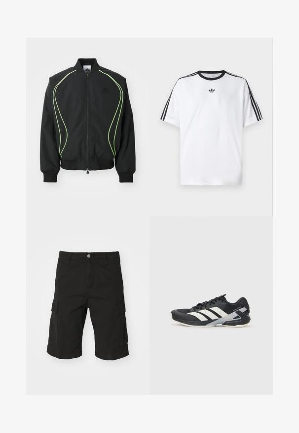 Czarna bomberka z neongreen wykończeniem, ściągaczami przy rękawach i kołnierzu. Posiada zamek z przodu i boczną kieszeń na zamek. Wykonana z lekkiego materiału.; Biała koszulka z bawełny, z czarnym okrągłym dekoltem i trzema czarnymi paskami na każdym ramieniu. Małe czarne logo na klatce piersiowej.; Czarne szorty cargo wykonane z wytrzymałego materiału, z bocznymi kieszeniami, zapięciem na guzik i detalami w postaci podwiniętego dołu. Prosta, klasyczna forma.; Czarne buty sportowe z białymi paskami, siateczkowa cholewka, zaokrąglony czubek i amortyzowana podeszwa. Posiadają teksturowany obcas i pewny system sznurowania.