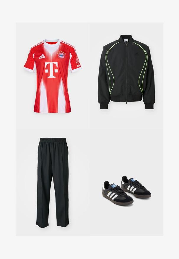 Veste bomber noire avec des passepoils vert fluo, des poignets et un col côtelés. Présente une fermeture éclair à l'avant et une poche zippée sur le côté. Fabriquée en matériau léger.; Maillot de football rouge et blanc avec un design en dégradé, en tissu léger, col rond, trois rayures sur les épaules, logos et cinq étoiles.; Pantalons de sport noirs avec une taille élastique, fabriqués en tissu lisse, présentant des coutures latérales discrètes et une coupe décontractée, avec un design à jambes droites.; Des baskets noires avec une tige en suède et en matériaux synthétiques, dotées de trois rayures blanches, d'une semelle en caoutchouc texturé et d'une étiquette de logo bleue sur la languette.