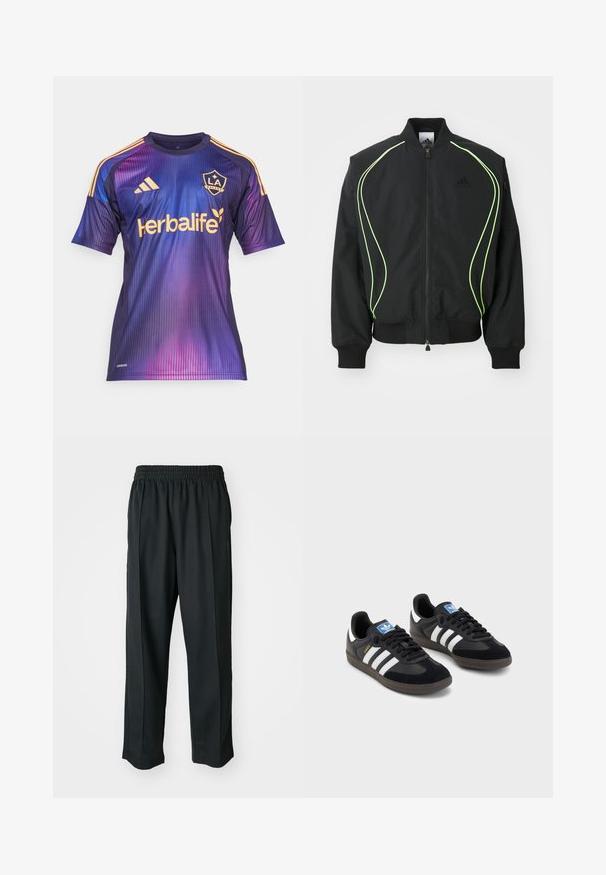 Sort bomberjakke med neongrønne detaljer, ribbede manchetter og krave. Har lynlås foran og sidelomme med lynlås. Lavet af letvægtsmateriale.; Lilla og blå gradient fodboldtrøje med lodrette striber, med guld accenter, et logo og sponsor tekst i kontrastfarve.; Sorte træningsbukser med elastisk talje, lavet af glat stof, med diskrete sidesyninger og en afslappet pasform, lige ben design.; Sorte sneakers med en overdel i ruskind og syntetisk materiale, med tre hvide striber, struktureret gummisål og en blå logoetiket på tungen.