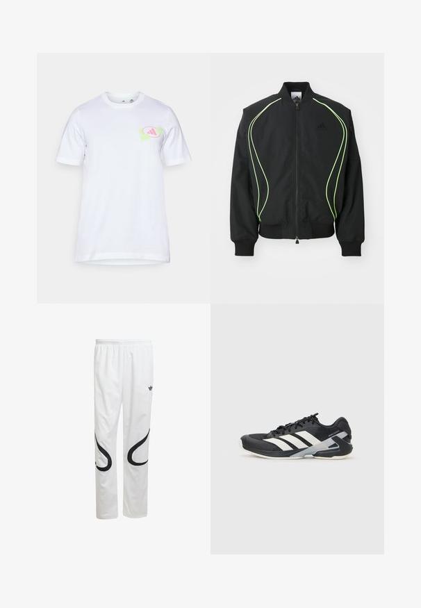 Sort bomberjakke med neongrønne detaljer, ribbede manchetter og krave. Har lynlås foran og sidelomme med lynlås. Lavet af letvægtsmateriale.; Hvid bomulds t-shirt med korte ærmer. Har et grafisk design i lyserød og grøn på venstre bryst, der ligner et logo.; Hvide atletiske bukser med en glat tekstur, der har sorte buede motiver på siderne og et sort logo nær taljen.; Sort sportsko med hvide striber, mesh-overdel, rund tå og dæmpet sål. Har en tekstureret hæl og et sikkert snøresystem.