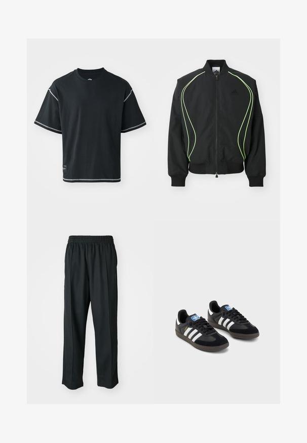 Čierna bombr jacket s neonovo zeleným lemovaním, rebrovanými manžetami a golierom. Má predný zips a bočné vrecko na zips. Vyrobené z ľahkého materiálu.; Čierne tričko vo voľnom strihu, vyrobené z bavlny. Má krátke rukávy, okrúhly výstrih a kontrastné biele švy pozdĺž ramien a v spodnej časti.; Čierne športové nohavice s elastickým pásom, vyrobené z hladkého materiálu, s jemným bočným šitím a voľným strihom, rovný strih.; Čierne tenisky so zvrškom z semišu a syntetického materiálu, s tromi bielymi pruhmi, štruktúrovanou gumovou podrážkou a modrou logovou etiketou na jazyku.