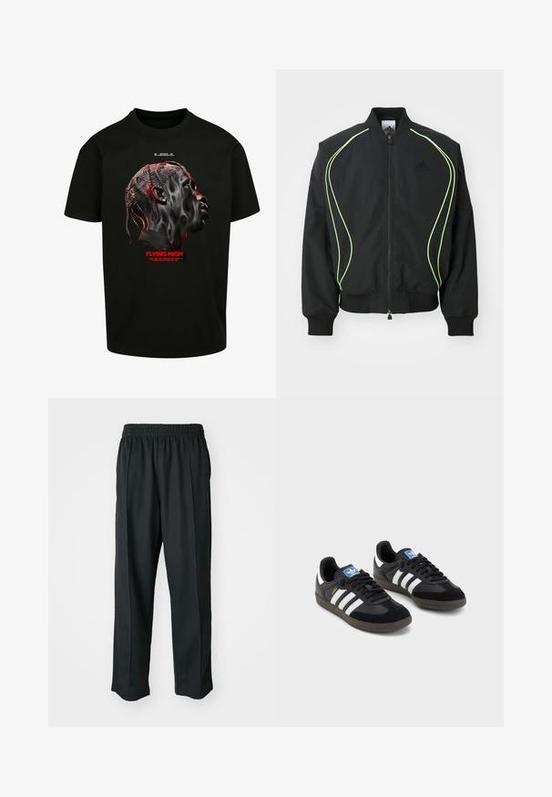 Sort bomberjakke med neongrønne detaljer, ribbede manchetter og krave. Har lynlås foran og sidelomme med lynlås. Lavet af letvægtsmateriale.; Sort bomulds T-shirt med et grafik af et stiliseret ansigt i nuancer af grå og rød, med rød tekst der læser "FLYING HIGH" nedenfor.; Sorte træningsbukser med elastisk talje, lavet af glat stof, med diskrete sidesyninger og en afslappet pasform, lige ben design.; Sorte sneakers med en overdel i ruskind og syntetisk materiale, med tre hvide striber, struktureret gummisål og en blå logoetiket på tungen.