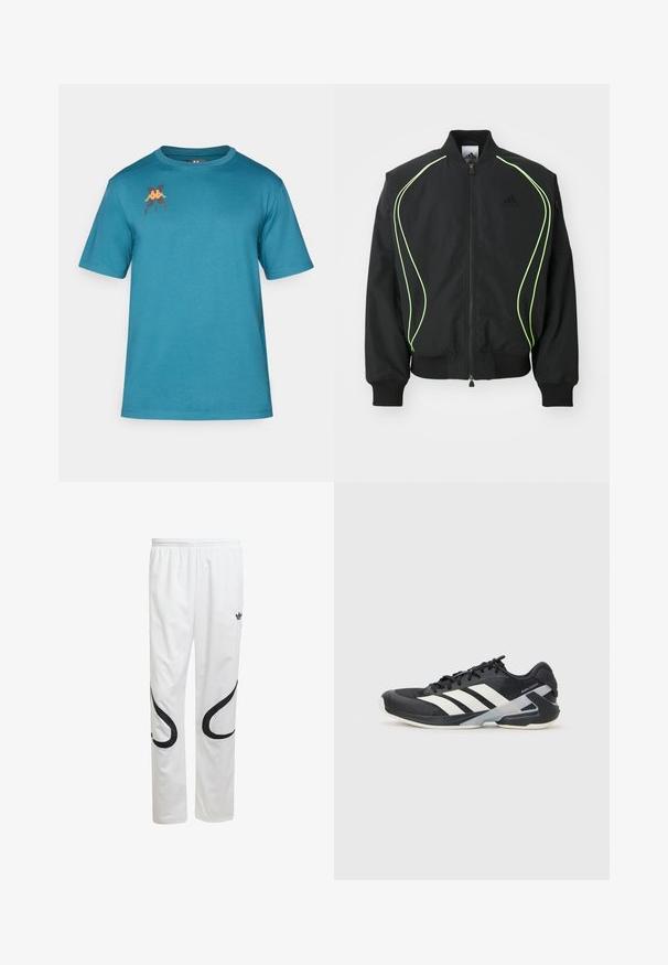 Juodas bomber stilius džemperis su neoninės žalios spalvos apvadu, suribotais rankogaliais ir apykakle. Yra užtrauktukas priekyje ir šoninė kišenė su užtrauktuku. Pagamintas iš lengvos medžiagos.; Trumpo rankovės mėtų spalvos marškiniai, pagaminti iš minkštos medžiagos, su apvaliu kaklu ir oranžiniu bei juodu logotipu kairėje krūtinėje.; Balti sportiniai kelnes su lygiu paviršiumi, turinčios juodas kreivas detales šonuose ir juodą logotipą prie liemens.; Juoda sportinė avalynė su baltais dryžiais, tinklinis viršus, apvalus pirštas ir paminkštinta padais. Yra tekstūruota kulno dalis ir saugi raištelių sistema.