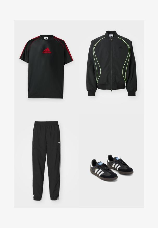 Mustmust must kaaluvate neoonroheliste detailidega, ribatatud mansettide ja kraega. Omab lukuga esiosa ja külgmist lukuga taskut. Valmistatud kergest materjalist.; Mustast spordisärgi punaste detailide ja logoga. Valmistatud siledast, kergest kangast. Omab ümara kaelusega ja lühikesi varrukaid.; Mustad mustad treeningpüksid elastse vöökoha ja pahkluude krael, millel on valged külje triibud ja väike valge Adidas logo vasakul puusal.; Mustad tossud, mille pealseks on seemisnahk ja sünteetilised materjalid, kolme valge triibuga, tekstureeritud kummitald ja sinine logo silt keele peal.