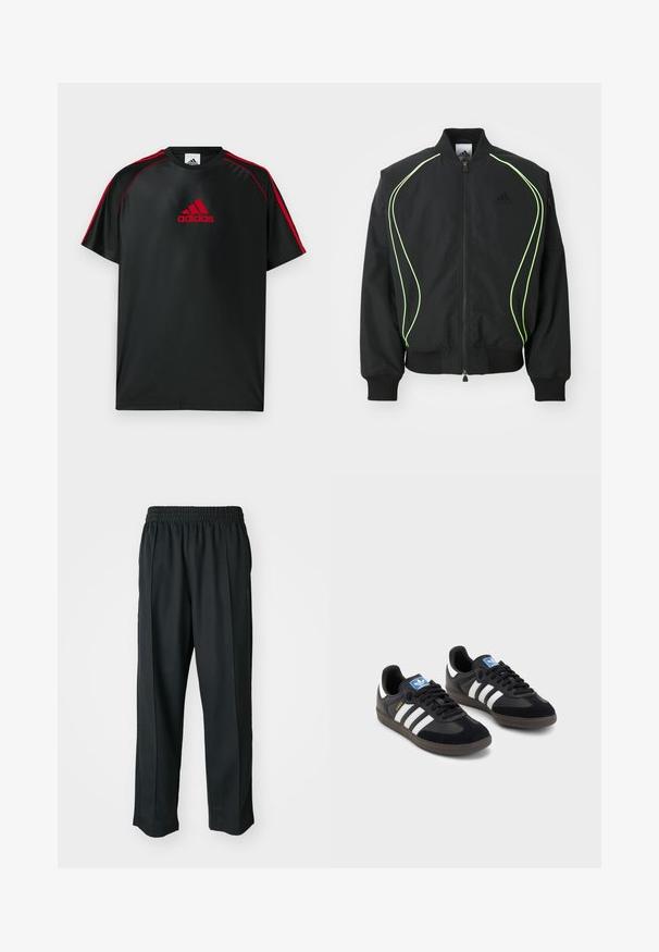Jachetă bomber neagră cu detalii de culoare verde neon, manșete și guler texturat. Include un fermoar în față și un buzunar lateral cu fermoar. Fabricată dintr-un material ușor.; Tricou sportiv negru, cu accente roșii și logo. Fabricat din material neted și ușor. Are guler rotund și mâneci scurte.; Pantaloni atletici negri cu talie elastică, confecționați dintr-un material neted, având cusături laterale subtile și o croială lejeră, cu pantaloni drepți.; Tenisi negri cu superior din suede și sintetic, având trei dungi albe, talpă din cauciuc texturat și etichetă albastră cu logo pe limbă.