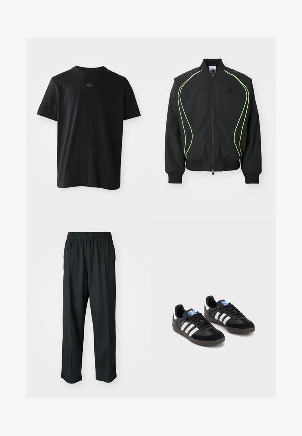 Corta-vento preto com detalhes em verde neon, punhos e colarinho canelados. Possui fecho éclair na frente e bolso lateral com fecho. Feito de material leve.; Camiseta preta de mangas curtas com um pequeno logo trefoil da Adidas centrado no peito, exibida sobre um fundo branco liso.; Calças atléticas pretas com um cós elástico, feitas de tecido suave, com costuras laterais discretas e um ajuste descontraído, design de perna reta.; Sneakers pretos com parte superior em camurça e sintético, apresentando três riscas brancas, sola de borracha texturizada e etiqueta azul no linguete.