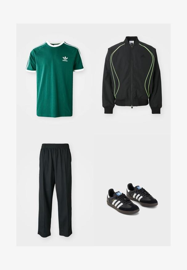 Juodas bomber stilius džemperis su neoninės žalios spalvos apvadu, suribotais rankogaliais ir apykakle. Yra užtrauktukas priekyje ir šoninė kišenė su užtrauktuku. Pagamintas iš lengvos medžiagos.; Žalios spalvos medvilninis marškinėlis su baltais akcentais, apykaklė su įgulo pjūviu, trumpomis rankovėmis ir Adidas logotipu kairėje krūtinės pusėje. Rankovėse išryškintos baltos juostos.; Juodi sportiniai kelnių modeliai su elastinga juosmena, pagaminti iš šiurkščios medžiagos, su subtiliomis šoninėmis siūlėmis ir laisva, tiesia koja.; Juodi sportiniai bateliai su zomšos ir sintetine viršutine dalimi, turintys tris baltas juosteles, tekstūruotą gumos pado paviršių ir mėlyną logotipo etiketę ant liežuvėlio.
