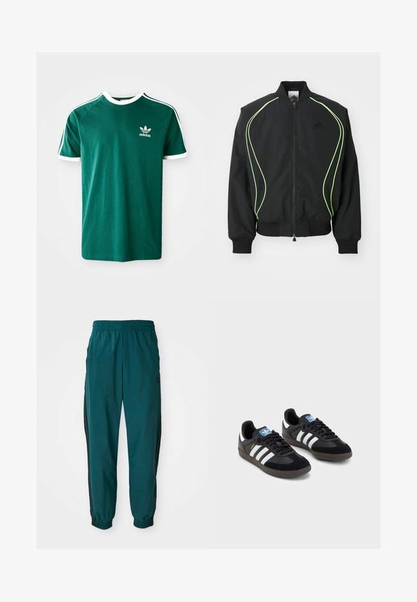 Juodas bomber stilius džemperis su neoninės žalios spalvos apvadu, suribotais rankogaliais ir apykakle. Yra užtrauktukas priekyje ir šoninė kišenė su užtrauktuku. Pagamintas iš lengvos medžiagos.; Žalios spalvos medvilninis marškinėlis su baltais akcentais, apykaklė su įgulo pjūviu, trumpomis rankovėmis ir Adidas logotipu kairėje krūtinės pusėje. Rankovėse išryškintos baltos juostos.; Žalios sportinės kelnės su raišteliu juosmenyje, elastiniais rankogaliais ir šoninėmis juodomis juostomis. Pagamintos iš lengvos medžiagos, su logotipu šalia klubų.; Juodi sportiniai bateliai su zomšos ir sintetine viršutine dalimi, turintys tris baltas juosteles, tekstūruotą gumos pado paviršių ir mėlyną logotipo etiketę ant liežuvėlio.