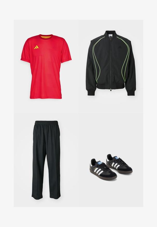 Giubbotto bomber nero con piping verde neon, polsini e colletto a coste. Presenta una chiusura con zip frontale e tasca laterale con zip. Realizzato in materiale leggero.; Maglietta sportiva rossa realizzata in tessuto leggero. Presenta un collo rotondo, maniche corte e un logo giallo in accentuata sul lato sinistro del petto.; Pantaloni sportivi neri con vita elastica, realizzati in tessuto liscio, con cuciture laterali sottili e un fit rilassato, design a gamba dritta.; Sneakers neri con tomaia in suede e materiale sintetico, caratterizzati da tre strisce bianche, suola in gomma testurizzata e etichetta blu sul linguetta.
