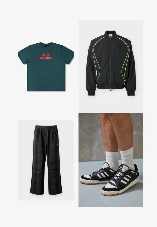Corta-vento preto com detalhes em verde neon, punhos e colarinho canelados. Possui fecho éclair na frente e bolso lateral com fecho. Feito de material leve.; T-shirt de algodão teal com mangas curtas, gola redonda e um gráfico central com o texto "FORMER." e personagens divertidos em vermelho.; Calças pretas em padrão xadrez com cintura elástica, dois bolsos frontais e um ajuste solto com design de perna reta. Feitas de material leve.; Ténis em preto e branco com upper em camurça e couro, apresentando três riscas brancas, um toe perfurado e uma sola em borracha de goma.