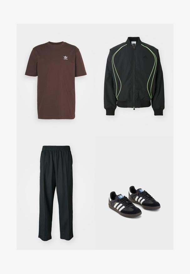 Giubbotto bomber nero con piping verde neon, polsini e colletto a coste. Presenta una chiusura con zip frontale e tasca laterale con zip. Realizzato in materiale leggero.; adidas Originals TREFOIL ESSENTIALS - T-shirt con stampa - shadow brown; Pantaloni sportivi neri con vita elastica, realizzati in tessuto liscio, con cuciture laterali sottili e un fit rilassato, design a gamba dritta.; Sneakers neri con tomaia in suede e materiale sintetico, caratterizzati da tre strisce bianche, suola in gomma testurizzata e etichetta blu sul linguetta.