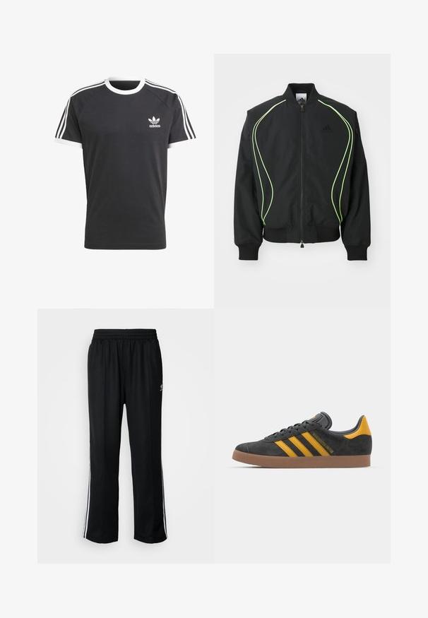 Juodas bomber stilius džemperis su neoninės žalios spalvos apvadu, suribotais rankogaliais ir apykakle. Yra užtrauktukas priekyje ir šoninė kišenė su užtrauktuku. Pagamintas iš lengvos medžiagos.; Juoda marškinėliai su balta apykakle ir rankovių apdaila, turintys tris baltas horizontalias juosteles ant kiekvieno peties ir mažą baltą Adidas logotipą.; Juodi sportiniai keliai su elastingu juosmeniu, su baltais šonais ir mažu logotipu. Atrodo, kad medžiaga yra minkšta ir lengva.; Juodas zomšinės sportbačiai su geltonais akcentais, turintys tris juosteles ir rudą gumos padą. Apima paminkštintą liežuvėlį patogumui.