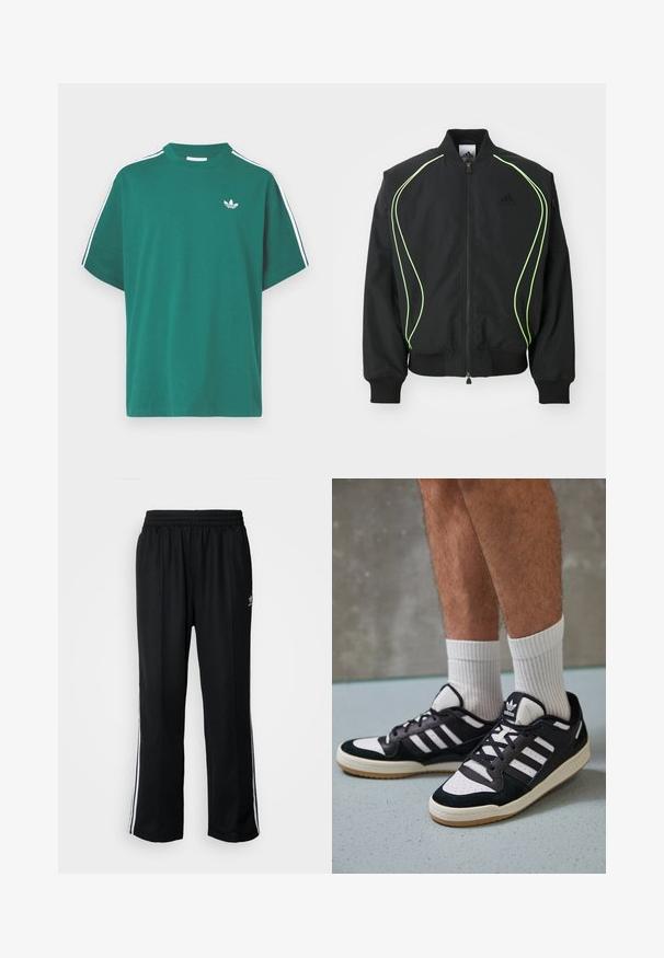 Black bomber jacket with neon green piping, ribbed cuffs, and collar. Features a zip front and side zip pocket. Made from lightweight material.; Green cotton t-shirt with a high neckline, short sleeves, and white side stripes. Features a small white logo on the chest.; Black athletic pants with an elastic waistband, featuring white side stripes and a small logo. Material appears soft and lightweight.; Black and white sneakers with a suede and leather upper, featuring three white stripes, a perforated toe, and a gum rubber sole.