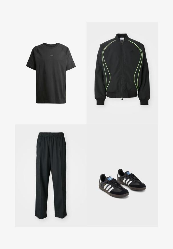 Corta-vento preto com detalhes em verde neon, punhos e colarinho canelados. Possui fecho éclair na frente e bolso lateral com fecho. Feito de material leve.; T-shirt preta em algodão com mangas raglan curtas, apresentando um logotipo em relevo subtil no peito e uma textura suave em toda a peça.; Calças atléticas pretas com um cós elástico, feitas de tecido suave, com costuras laterais discretas e um ajuste descontraído, design de perna reta.; Sneakers pretos com parte superior em camurça e sintético, apresentando três riscas brancas, sola de borracha texturizada e etiqueta azul no linguete.