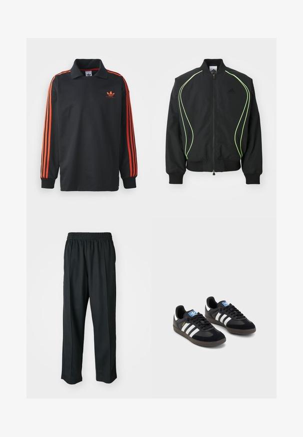 Corta-vento preto com detalhes em verde neon, punhos e colarinho canelados. Possui fecho éclair na frente e bolso lateral com fecho. Feito de material leve.; Polo de manga longa preto com colarinho, apresentando riscas vermelhas nas mangas e um pequeno logotipo vermelho no peito. Textura de tecido suave.; Calças atléticas pretas com um cós elástico, feitas de tecido suave, com costuras laterais discretas e um ajuste descontraído, design de perna reta.; Sneakers pretos com parte superior em camurça e sintético, apresentando três riscas brancas, sola de borracha texturizada e etiqueta azul no linguete.