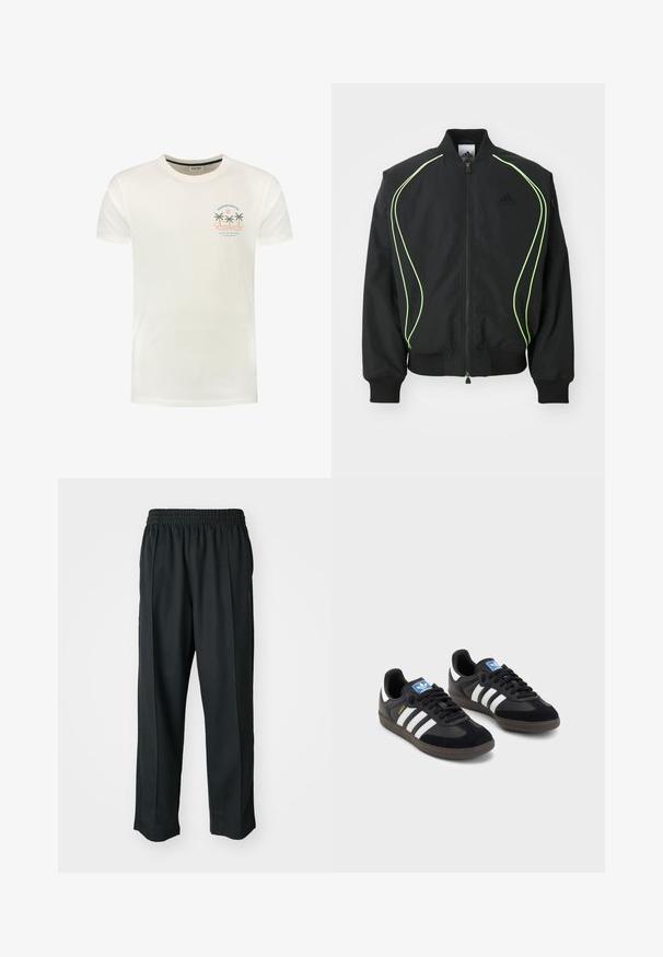 Juodas bomber stilius džemperis su neoninės žalios spalvos apvadu, suribotais rankogaliais ir apykakle. Yra užtrauktukas priekyje ir šoninė kišenė su užtrauktuku. Pagamintas iš lengvos medžiagos.; Balta medvilninė marškinė su trumpomis rankovėmis. Priekyje pavaizduoti palmės, saulė ir bangos pastelinių spalvų grafika. Apvalus iškirpimas, laisvas kirpimas.; Juodi sportiniai kelnių modeliai su elastinga juosmena, pagaminti iš šiurkščios medžiagos, su subtiliomis šoninėmis siūlėmis ir laisva, tiesia koja.; Juodi sportiniai bateliai su zomšos ir sintetine viršutine dalimi, turintys tris baltas juosteles, tekstūruotą gumos pado paviršių ir mėlyną logotipo etiketę ant liežuvėlio.