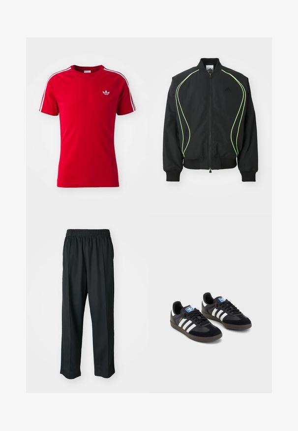 Čierna bombr jacket s neonovo zeleným lemovaním, rebrovanými manžetami a golierom. Má predný zips a bočné vrecko na zips. Vyrobené z ľahkého materiálu.; Červené atletické tričko vyrobené z hladkej tkaniny, s bielymi pruhmi na pleciach a malým bielym logom na hrudi. Krátke rukávy, dizajn s okrúhlym výstrihom.; Čierne športové nohavice s elastickým pásom, vyrobené z hladkého materiálu, s jemným bočným šitím a voľným strihom, rovný strih.; Čierne tenisky so zvrškom z semišu a syntetického materiálu, s tromi bielymi pruhmi, štruktúrovanou gumovou podrážkou a modrou logovou etiketou na jazyku.