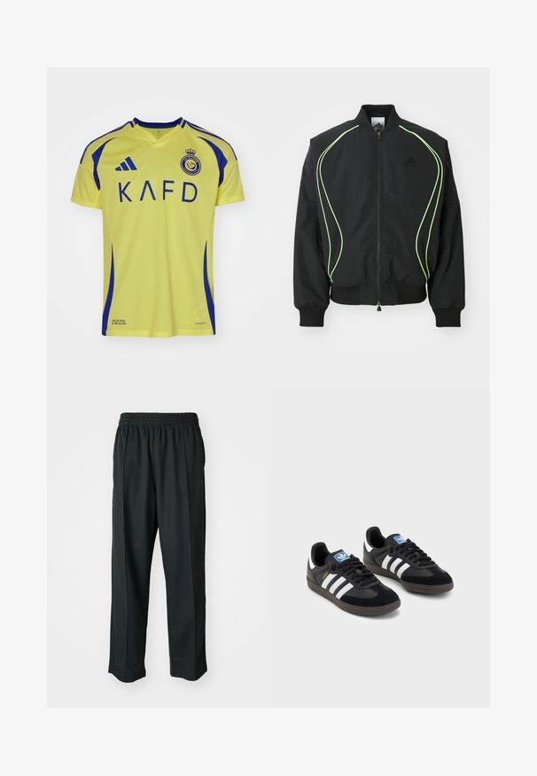 Juodas bomber stilius džemperis su neoninės žalios spalvos apvadu, suribotais rankogaliais ir apykakle. Yra užtrauktukas priekyje ir šoninė kišenė su užtrauktuku. Pagamintas iš lengvos medžiagos.; Geltona futbolo marškinėliai su mėlynomis detalėmis, pasižymintys v-kaklo dizainu, dideliu "KAFD" užrašu, klubo logotipu ir "AEROREADY" tekstu ant apatinės dalies.; Juodi sportiniai kelnių modeliai su elastinga juosmena, pagaminti iš šiurkščios medžiagos, su subtiliomis šoninėmis siūlėmis ir laisva, tiesia koja.; Juodi sportiniai bateliai su zomšos ir sintetine viršutine dalimi, turintys tris baltas juosteles, tekstūruotą gumos pado paviršių ir mėlyną logotipo etiketę ant liežuvėlio.