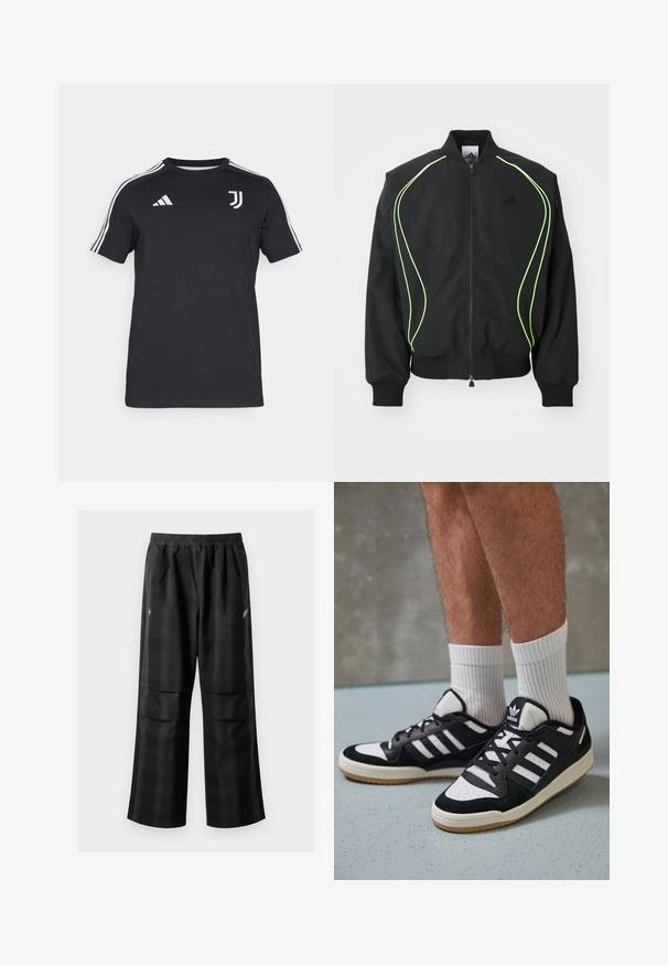 Čierna bombr jacket s neonovo zeleným lemovaním, rebrovanými manžetami a golierom. Má predný zips a bočné vrecko na zips. Vyrobené z ľahkého materiálu.; Čierny krátky rukáv dres vyrobený z bavlneného zloženia, s bielym logom Adidas a emblémom Juventusu na hrudi, s bielymi bočnými pruhmi.; Čierne kockované nohavice s elastickým pásom, dvoma prednými vreckami a voľným strihom so rovnými nohavicami. Vyrobené z ľahkého materiálu.; Čierno-biele tenisky s vrchom z semišu a kože, s troma bielymi pruhmi, perforovanou špičkou a gumovou podrážkou.
