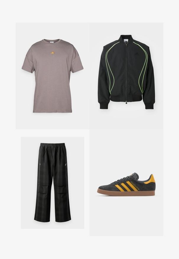 Melna bumbiera futrā ar neona zaļo apdari, ribotām piedurknēm un apkakli. Ar priekšējo rāvējslēdzēju un sānu rāvējslēdzēju kabatu. Izgatavots no viegla materiāla.; Pelēks kokvilnas t-krekls ar īsām piedurknēm, uz krūtīm ir neliels daudzkrāsains logo. Vienkāršs apaļais kakla dizains, standarta izmērs.; Melnas kvadrātveida bikses ar elastīgu jostu, divām priekšējām kabatām un brīvu piegriezumu ar taisnām kājām. Izgatavotas no viegla materiāla.; Melnas zamšādas kedas ar dzelteniem akcentiem, kurām ir trīs svītras un brūna gumijas zole. Iekļauta mīksta valkāšanas tongue komfortam.