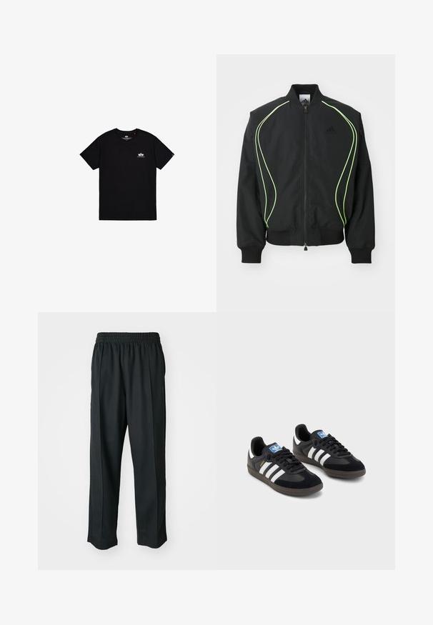 Black bomber jacket with neon green piping, ribbed cuffs, and collar. Features a zip front and side zip pocket. Made from lightweight material.; Black short-sleeve T-shirt made of cotton. Features a small white logo on the left chest and a tag on the side seam. Simple design.; Black athletic pants with an elastic waistband, made of smooth fabric, featuring subtle side stitching and a relaxed fit, straight leg design.; Black sneakers with a suede and synthetic upper, featuring three white stripes, textured rubber sole, and blue logo tag on the tongue.