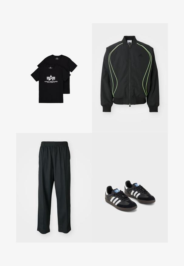 Mustmust must kaaluvate neoonroheliste detailidega, ribatatud mansettide ja kraega. Omab lukuga esiosa ja külgmist lukuga taskut. Valmistatud kergest materjalist.; Mustad musta puuvillane T-särgid, millel on valge logo koos tähe "A" ja kolme triibuga all. Ümar kaelus ja lühikesed varrukad, paigutatud virna.; Mustad mustasport püksid elastse vöökoha ja sileda kangaga, millel on tagasihoidlik külgõmblus ning lõdvestatud lõige, sirge jala disain.; Mustad tossud, mille pealseks on seemisnahk ja sünteetilised materjalid, kolme valge triibuga, tekstureeritud kummitald ja sinine logo silt keele peal.