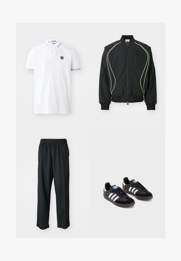Giubbotto bomber nero con piping verde neon, polsini e colletto a coste. Presenta una chiusura con zip frontale e tasca laterale con zip. Realizzato in materiale leggero.; Polo bianco in cotone, con apertura a tre bottoni, dettagli a righe blu sulle maniche e un piccolo patch con logo nero.; Pantaloni sportivi neri con vita elastica, realizzati in tessuto liscio, con cuciture laterali sottili e un fit rilassato, design a gamba dritta.; Sneakers neri con tomaia in suede e materiale sintetico, caratterizzati da tre strisce bianche, suola in gomma testurizzata e etichetta blu sul linguetta.