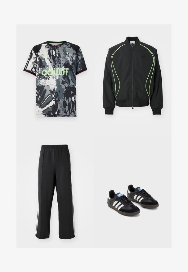 Corta-vento preto com detalhes em verde neon, punhos e colarinho canelados. Possui fecho éclair na frente e bolso lateral com fecho. Feito de material leve.; Camisa desportiva de manga curta e decote redondo com um padrão abstrato em preto, branco e cinza; apresenta o logótipo "adiTUFF" em neon verde e detalhes em rosa.; Calças de moletom pretas com um cós elástico, apresentando riscas laterais brancas e um corte descontraído. Feitas de um tecido macio e elástico.; Sneakers pretos com parte superior em camurça e sintético, apresentando três riscas brancas, sola de borracha texturizada e etiqueta azul no linguete.