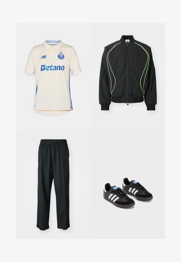 Sort bomberjakke med neongrønne detaljer, ribbede manchetter og krave. Har lynlås foran og sidelomme med lynlås. Lavet af letvægtsmateriale.; Creme polo t-shirt med blå sideskår. Har "Betano" logo i blå, struktureret stof, og en krave. New Balance logo på brystet.; Sorte træningsbukser med elastisk talje, lavet af glat stof, med diskrete sidesyninger og en afslappet pasform, lige ben design.; Sorte sneakers med en overdel i ruskind og syntetisk materiale, med tre hvide striber, struktureret gummisål og en blå logoetiket på tungen.