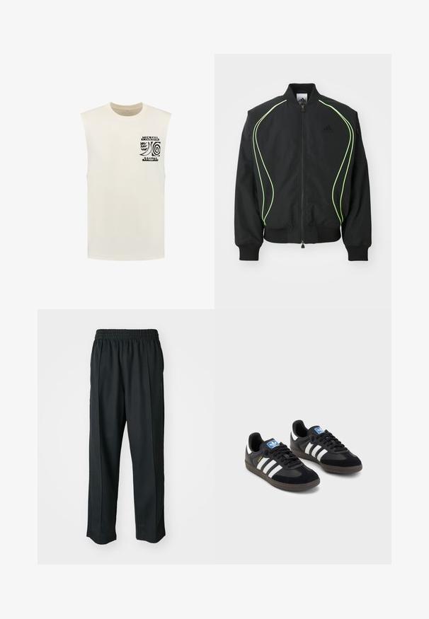 Mustat pilottitakit neonvihreillä yksityiskohdilla, ribattaa hihansuille ja kaulukselle. Varustettu vetoketjukiinnityksellä ja sivupussilla. Valmistettu kevyestä materiaalista.; Shiwi SUNSHINE - Toppi - jet stream white; Mustat urheiluhaalarit, joissa on joustava vyötärö, valmistettu sileästä kankaasta, hienovaraisilla sivusaumalla ja rento istuvuus, suora lahjetyyppi.; Mustat lenkkarit, joissa on mokkanahka- ja synteettinen päällinen, kolmella valkoisella raidalla, tekstuurilla varustettu kumipohja ja sininen logo-etiketti kielellä.