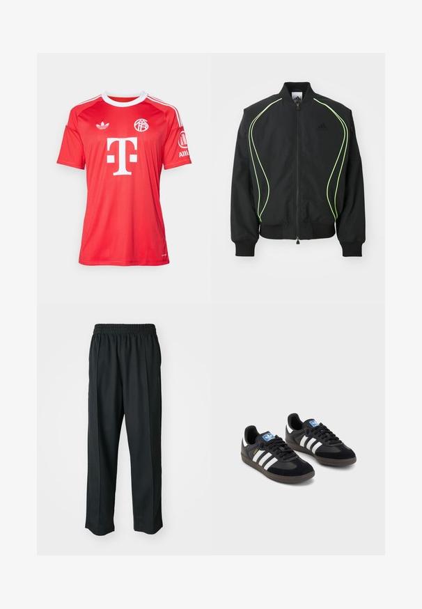 Black bomber jacket with neon green piping, ribbed cuffs, and collar. Features a zip front and side zip pocket. Made from lightweight material.; adidas Performance FC BAYERN 2025/2026 THIRD GOALKEEPER JERSEY - Club wear - pure ruby; Black athletic pants with an elastic waistband, made of smooth fabric, featuring subtle side stitching and a relaxed fit, straight leg design.; Black sneakers with a suede and synthetic upper, featuring three white stripes, textured rubber sole, and blue logo tag on the tongue.