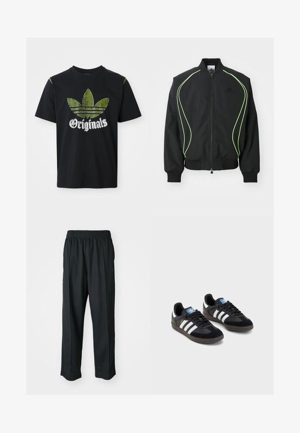 Juodas bomber stilius džemperis su neoninės žalios spalvos apvadu, suribotais rankogaliais ir apykakle. Yra užtrauktukas priekyje ir šoninė kišenė su užtrauktuku. Pagamintas iš lengvos medžiagos.; Juodas medvilnės marškinėliai su pažeista žalia grafika, turinčia tris juosteles ir žodį "Originals" apačioje baltos spalvos, apvalus iškirpimas, trumpomis rankovėmis.; Juodi sportiniai kelnių modeliai su elastinga juosmena, pagaminti iš šiurkščios medžiagos, su subtiliomis šoninėmis siūlėmis ir laisva, tiesia koja.; Juodi sportiniai bateliai su zomšos ir sintetine viršutine dalimi, turintys tris baltas juosteles, tekstūruotą gumos pado paviršių ir mėlyną logotipo etiketę ant liežuvėlio.