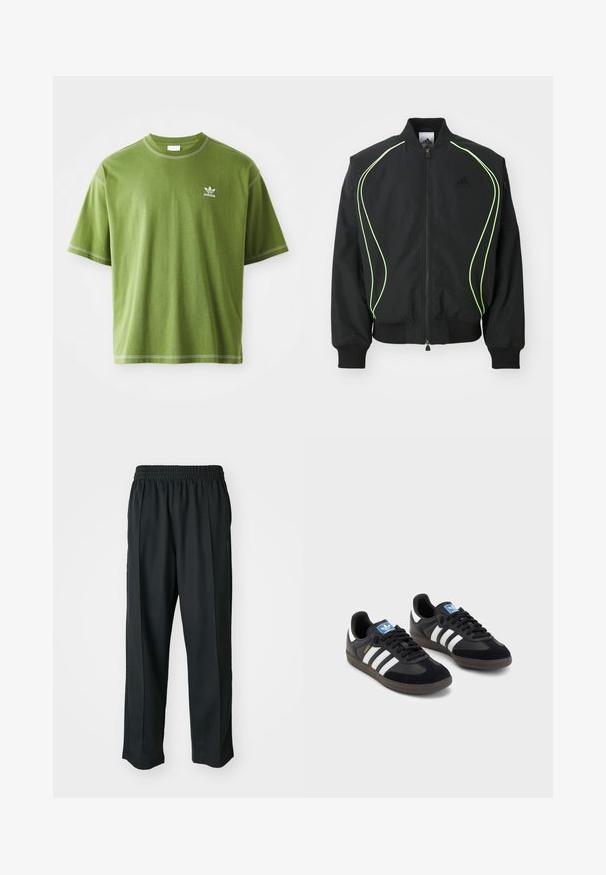 Fekete bomber dzseki neon zöld díszítéssel, bordás mandzsettákkal és gallérral. Előre cipzáros, oldalsó cipzáras zsebbel rendelkezik. Könnyű anyagból készült.; Rövid ujjú zöld pamut póló, kerek nyakkal, a bal mellen egy kis fehér Adidas logóval. Fehér varrásokkal kiemelve.; Fekete sportnadrág rugalmas derékkal, sima anyagból készült, finom oldalvarrással és laza illeszkedéssel, egyenes lábdesignnal.; Fekete sportcipők, velúrból és szintetikus anyagból készült felsőrésszel, három fehér csíkkal, textúrázott gumitalppal és kék logó címkével a nyelvén.