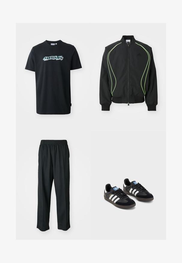 Corta-vento preto com detalhes em verde neon, punhos e colarinho canelados. Possui fecho éclair na frente e bolso lateral com fecho. Feito de material leve.; T-shirt de algodão preto com mangas curtas, apresentando um logótipo "ADIDAS" colorido e brilhante na parte da frente. Design clássico de gola redonda.; Calças atléticas pretas com um cós elástico, feitas de tecido suave, com costuras laterais discretas e um ajuste descontraído, design de perna reta.; Sneakers pretos com parte superior em camurça e sintético, apresentando três riscas brancas, sola de borracha texturizada e etiqueta azul no linguete.