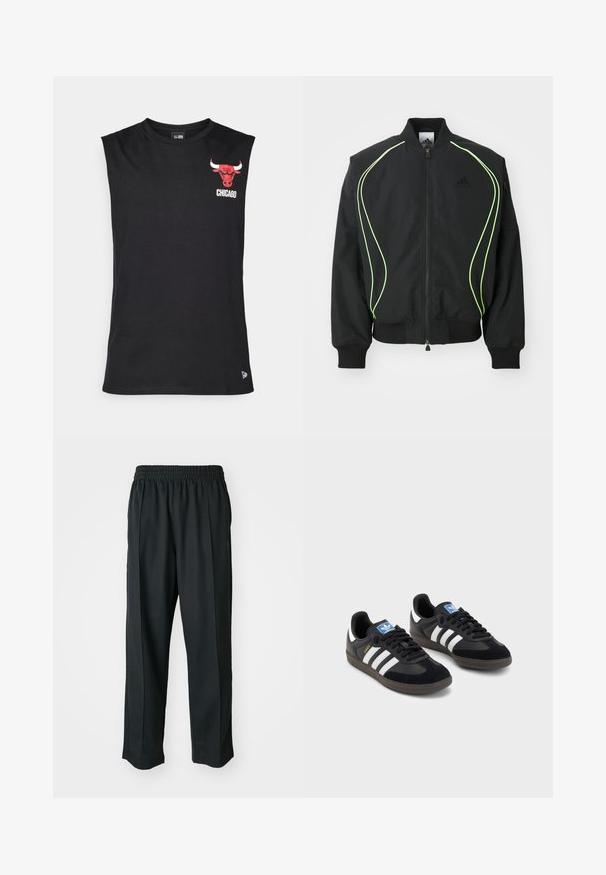 Črna bomberska jakna z neon zelenimi obrobami, rebrastimi manšetami in ovratnikom. Ima zadrgo spredaj in stranski žep z zadrgo. Narejena je iz lahkega materiala.; Črna majica brez rokavov iz bombaža. Ima rdeč logotip Chicago Bulls in napis "CHICAGO" na levem prsnem delu. Preprost, gladek tekstur.; Crne športne hlače z elastiko v pasu, narejene iz gladkega materiala, z diskretnim stranskim šivanjem in ohlapnim krojem ter ravnimi nogavicami.; Črne športne copate z zgornjim delom iz semiša in sintetičnih materialov, ki imajo tri bele črte, teksturiran gumijast podplat in modro označevalno oznako na jeziku.