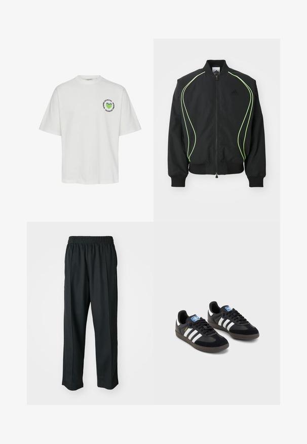 Fekete bomber dzseki neon zöld díszítéssel, bordás mandzsettákkal és gallérral. Előre cipzáros, oldalsó cipzáras zsebbel rendelkezik. Könnyű anyagból készült.; Fehér pamut póló, kerek grafikával, zöld szívvel és felirattal. Rövid ujjú és kerek nyakú dizájn. Normál fazon.; Fekete sportnadrág rugalmas derékkal, sima anyagból készült, finom oldalvarrással és laza illeszkedéssel, egyenes lábdesignnal.; Fekete sportcipők, velúrból és szintetikus anyagból készült felsőrésszel, három fehér csíkkal, textúrázott gumitalppal és kék logó címkével a nyelvén.
