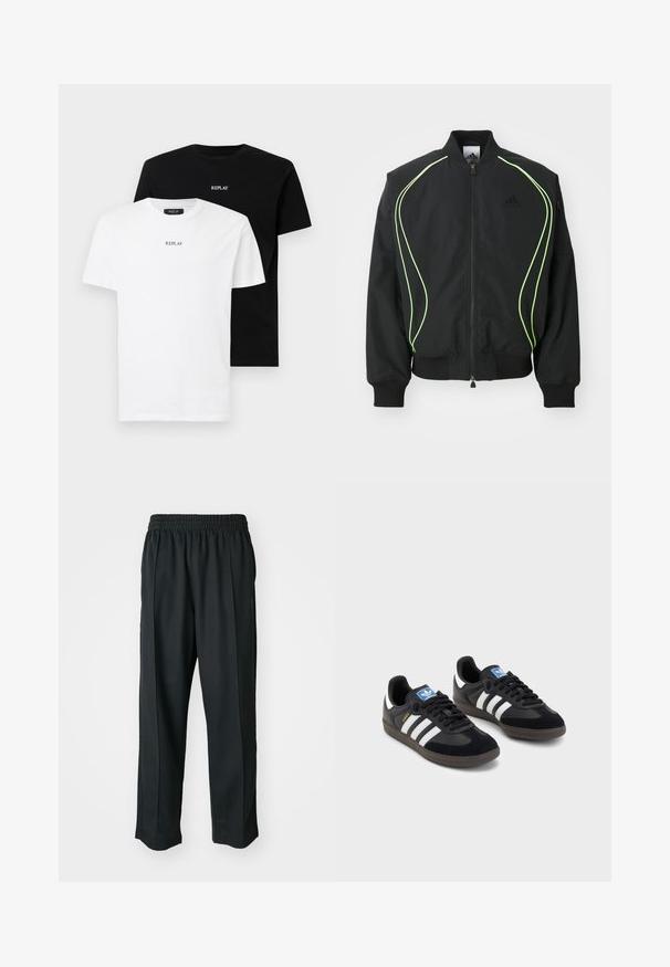 Svart bomberjakke med neongrønn piping, ribbede mansjetter og krage. Har glidelås foran og glidelåslomme på siden. Laget av lett materiale.; To bomull T-skjorter, en hvit og en svart, begge med korte ermer og rund hals. Begge har "REPLAY" logoen i sentrum.; Sorte idrettsbukser med elastisk midje, laget av glatt stoff, med subtile sidesømmer og en avslappet passform, rett ben-design.; Svarte sneakers med overdel i semsket lær og syntetisk materiale, med tre hvite striper, strukturert gummisåle og blå logoetikett på tungen.