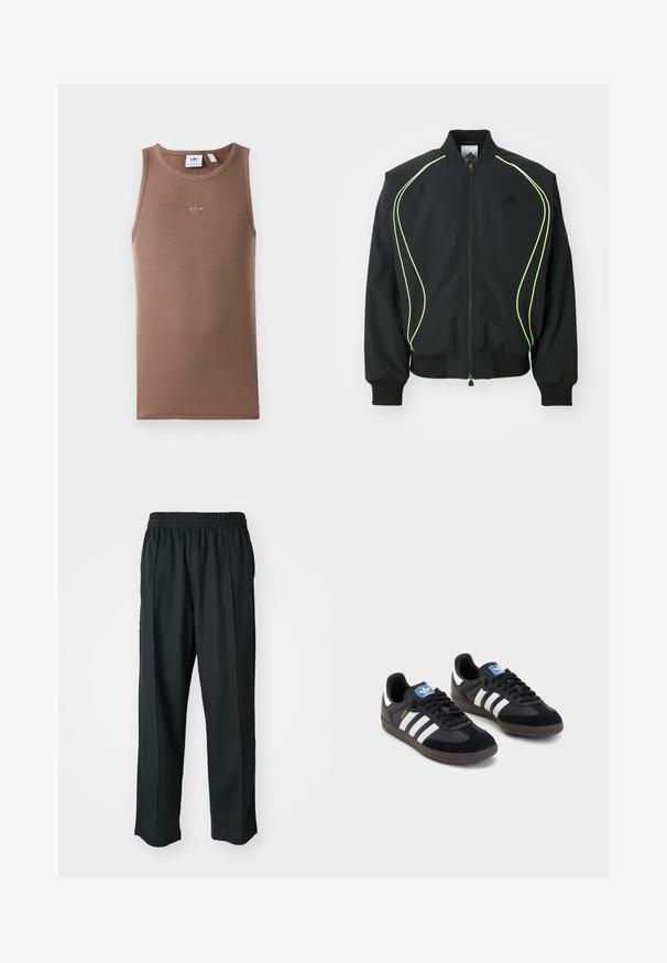 Corta-vento preto com detalhes em verde neon, punhos e colarinho canelados. Possui fecho éclair na frente e bolso lateral com fecho. Feito de material leve.; Top sem mangas castanho com uma textura canelada e decote redondo. Apresenta um pequeno logótipo bordado centrado no peito.; Calças atléticas pretas com um cós elástico, feitas de tecido suave, com costuras laterais discretas e um ajuste descontraído, design de perna reta.; Sneakers pretos com parte superior em camurça e sintético, apresentando três riscas brancas, sola de borracha texturizada e etiqueta azul no linguete.