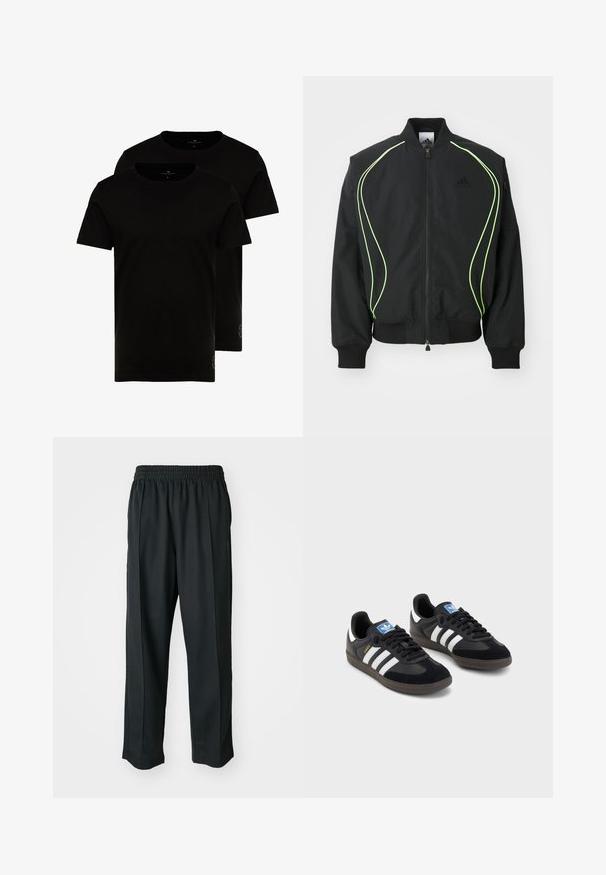 Czarna bomberka z neongreen wykończeniem, ściągaczami przy rękawach i kołnierzu. Posiada zamek z przodu i boczną kieszeń na zamek. Wykonana z lekkiego materiału.; TOM TAILOR DOUBLE PACK - T-shirt basic; Czarne spodnie sportowe z elastycznym pasem, wykonane z gładkiego materiału, z subtelnym przeszyciem po bokach i luźnym krojem, prostą nogawką.; Czarne sneakersy z zamszową i syntetyczną cholewką, wyposażone w trzy białe paski, teksturowaną gumową podeszwę oraz niebieską metkę z logo na języku.