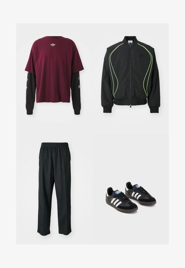 Corta-vento preto com detalhes em verde neon, punhos e colarinho canelados. Possui fecho éclair na frente e bolso lateral com fecho. Feito de material leve.; Camisa curta de manga em bordô sobre uma de manga longa preta, com um logo texturizado nas costas e padrões de estrelas nas mangas.; Calças atléticas pretas com um cós elástico, feitas de tecido suave, com costuras laterais discretas e um ajuste descontraído, design de perna reta.; Sneakers pretos com parte superior em camurça e sintético, apresentando três riscas brancas, sola de borracha texturizada e etiqueta azul no linguete.