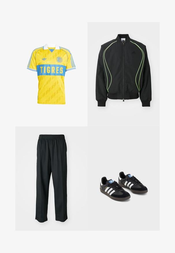 Corta-vento preto com detalhes em verde neon, punhos e colarinho canelados. Possui fecho éclair na frente e bolso lateral com fecho. Feito de material leve.; Camisola de futebol amarela com faixa horizontal azul, apresenta o texto "TIGRES", logótipo bordado e detalhes de ombro listrados. Fabricada em tecido suave.; Calças atléticas pretas com um cós elástico, feitas de tecido suave, com costuras laterais discretas e um ajuste descontraído, design de perna reta.; Sneakers pretos com parte superior em camurça e sintético, apresentando três riscas brancas, sola de borracha texturizada e etiqueta azul no linguete.