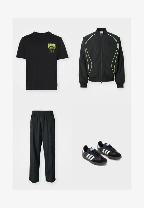 Svart bomberjacka med neongrön kant, ribbade ärmslut och krage. Har dragkedja fram och sidofickor med dragkedja. Tillverkad av lättviktig material.; Svart bomullströja med en neongrön grafik och text på vänster bröstområde, rund halsringning och korta ärmar.; Svarta träningstights med elastisk midja, tillverkade av mjukt tyg, med subtila sidstygn och en avslappnad passform, rak bensdesign.; Svarta sneakers med övre del av mocka och syntetmaterial, med tre vita ränder, texturerad gummisula och blå logotags på tungan.