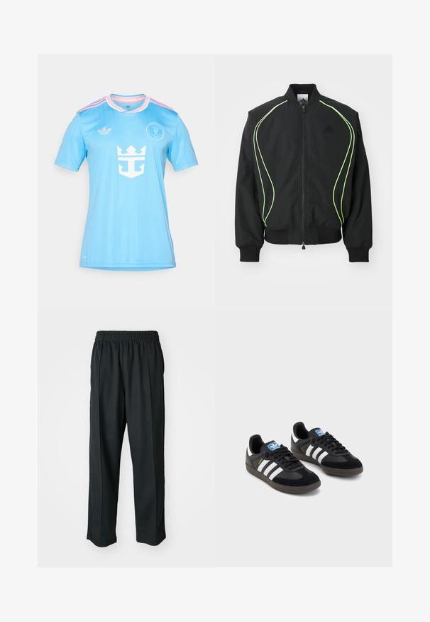 Corta-vento preto com detalhes em verde neon, punhos e colarinho canelados. Possui fecho éclair na frente e bolso lateral com fecho. Feito de material leve.; adidas Originals INTER MIAMI CF 2025 THIRD JERSEY MESSI - Roupa de discoteca - semi blue burst; Calças atléticas pretas com um cós elástico, feitas de tecido suave, com costuras laterais discretas e um ajuste descontraído, design de perna reta.; Sneakers pretos com parte superior em camurça e sintético, apresentando três riscas brancas, sola de borracha texturizada e etiqueta azul no linguete.