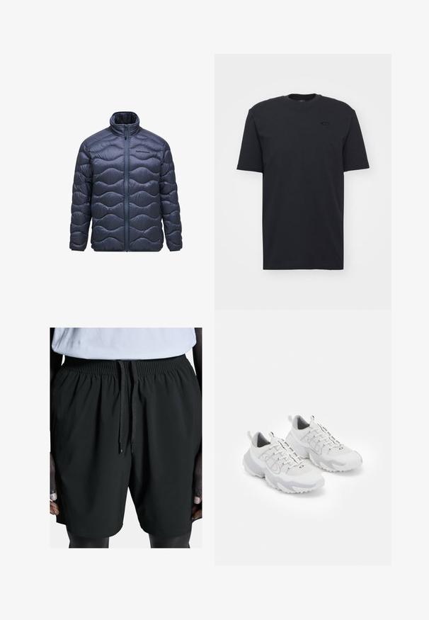 Navy Puffermantel mit hohem Kragen, gestepptem Wellenmuster, Frontreißverschluss und Logo auf der linken Brust. Leichtes, wasserabweisendes Material.; Schwarzes Baumwoll-T-Shirt mit kurzen Ärmeln und Rundhalsausschnitt, das ein dezentes Logo auf der Brust und einen lockeren Schnitt bietet.; Schwarze Sportshorts mit elastischem Bund und Kordelzug. Sie zeichnen sich durch eine glatte Textur und seitliche Taschen aus und sind auf Komfort und Beweglichkeit zugeschnitten.; Weiße Sportschuhe mit einem Obermaterial aus Netzgewebe, grauen Akzenten, einer strukturierten Gummisohle und Zuglaschen an der Ferse; verfügt über ein Schnürdesign.