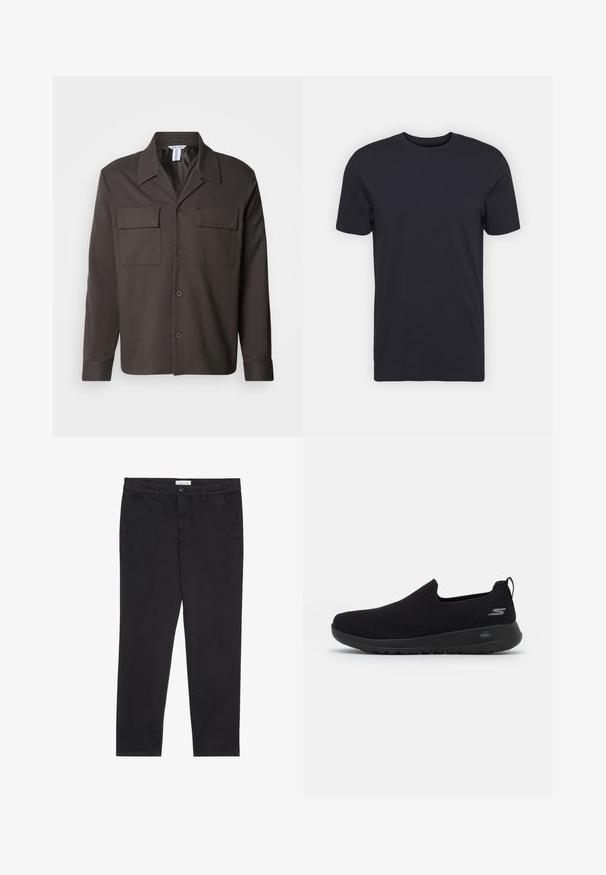 Dunkelbraunes Button-down-Hemd mit Kragen, zwei Brusttaschen und langen Ärmeln. Hergestellt aus glattem Stoff mit taillierter Passform.; Schwarzes Baumwoll-T-Shirt, kurze Ärmel, Rundhalsausschnitt, einfarbig, leichtes Gewebe, glatte Textur, keine sichtbaren Muster oder Grafiken.; Schwarze Baumwollhose im Slim-Fit-Stil mit zwei seitlichen Taschen und einem vorderen Knopfverschluss. Strukturierter Stoff mit subtilen Details.; Schwarzer Slip-On Sneaker mit atmungsaktivem Mesh-Obermaterial, runder Zehenpartie und gepolsterter Gummisohle. Mit einem Logo an der Seite.