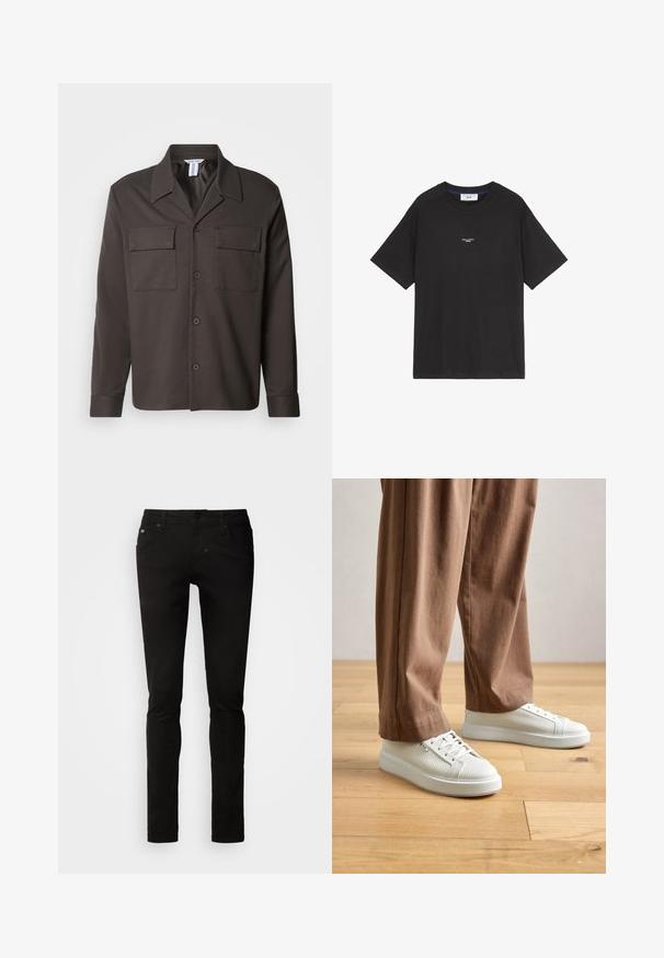 Tumepruun nööpidega särk kraega, kahe rinna taskuga ja pikkade varrukatega. Valmistatud siledast kangast, mis sobitub kehale.; Mustmust värvi puuvillane T-särk ümmarguse kaelusega ja lühikeste varrukatega. Ees on väike valge logo detail. Lihtne disain, mugav lõige.; Mustadest denimist valmistatud kitsaste lõigetega teksad, millel on esipockets, vöökohad ja kangas on kerge venivusega mugavuse tagamiseks.; Isik, kes kannab valgeid tekstuurne madalaid sneakers'eid ja lõdvaid pruune pükse, seisab heleda puidust põranda peal.